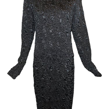 Gianni Versace 80s Black Satin Matelassé Textured Cocktail Sheath Dress