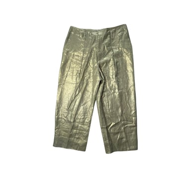 Vintage Lauren Ralph Lauren Metallic Liquid Gold Linen Trouser Pants, Pleated Pants, Size 12 