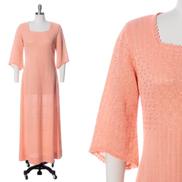 Vintage 1970s Knit Maxi Dress | 70s Peach Pink Knit Acrylic Full Length Minimalist Sweater Dress (medium) 