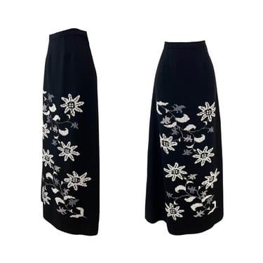 Vtg 60s 70s Traditional Edelweiss Floral Black White German Maxi Skirt 