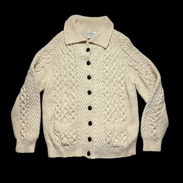 Vintage Women's BLARNEY Woolen Mills Irish Wool Cardigan ~ Fisherman Sweater ~ Cable Knit ~ Shawl Collar ~ Made in Ireland 