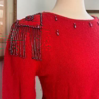 Vintage 80s Silk Rabbit Hair Sweater with Beaded Tassel Shoulder Pads - Unique Statement Piece 