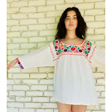 Gauze Hand Embroidered Blouse // vintage 70s 1970s rainbow boho hippie tunic hippy white cotton Mexican 70's 1970's // O/S 