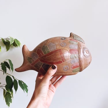 Vintage 70s Mexican Burnished Pottery Fish Sculpture 