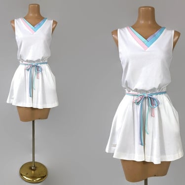 VINTAGE 80s Flirty Pastel Tennis Dress by Tennis Lady, Tail | 1980s Fit N Flare Mini Tennis Dress | V-Neck and Tie Waist Sports Dress 9/10 