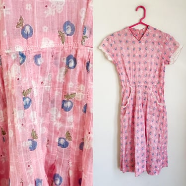 Vintage 1930s Sheer Pink Fruit Print Cotton Dress / XXS 