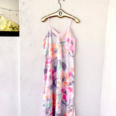 Vintage 60s 70s Psychedelic Slip Dress Floral Graphic Pink Funky Dress 