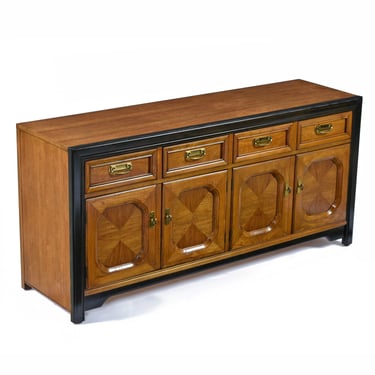 Thomasville Embassy Wood Inlay Asian Modern Campaign Style Brass Accent Credenza 
