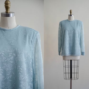 80s mint green floral blouse | sheer sleeve lace vintage top 