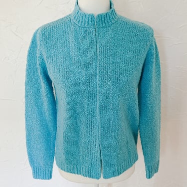 70s/80s Aqua Blue Knit Sweater Open Cardigan | Medium/Large 