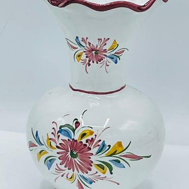 Vintage 7.25" hand painted pottery Vase from Portugal blue and  white  floral design- red trim- Signed- Chip Free 