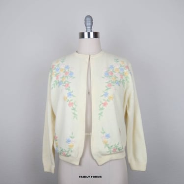 Vintage 1950s hand beaded cardigan sweater, floral, cashmere, lambswool 