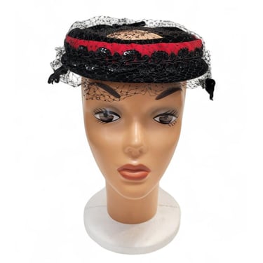 1950s Vintage Ladies Black Velvet Hat, Mesh Netting Veiling, Sequins Headpiece, Evening Rockabilly Pinup, 1940s Accessories 