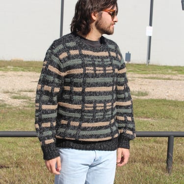 Chunky Knit Sweater, Vintage 1990s Bill Ditfort Pullover, Black Gray Tan, Long Sleeve, Wool Blend, Medium Men 