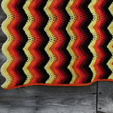 Vintage 70's Crocheted Afghan Blanket - Orange Brown Yellow Black Red - zig zag chevron stripes - Acrylic 