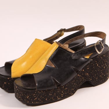 Late 1970s Early 1980s Black and Yellow Splatter Paint Platform High Heel Sandals 