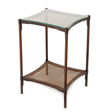 Modern Two-Tier Mahogany and Caned End Table