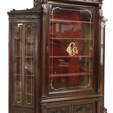 Antique Bookcase, Italian Ren. Revival, Walnut, Glazed, Monumental, 124&quot;H, 1800s