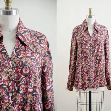 pink silk lapel blouse | 90s vintage Terry Lewis pink brown mustard psychedelic paisley oversized long sleeve blouse 