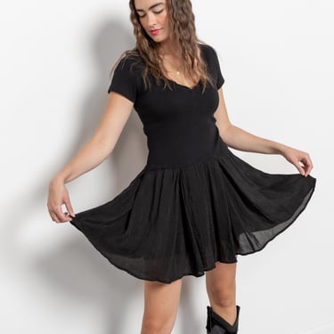 BLACK T-SHIRT DRESS Ballet Vintage Mini Poofy Full Ruffled Skirt Cap Sleeves / Small Medium 