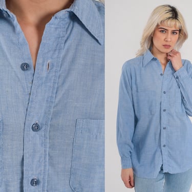 Blue Button Up Shirt 70s Collared Shirt Long Sleeve Retro Plain Oxford Button Down Lightweight Chambray Cotton Vintage 1970s Mens Medium M 