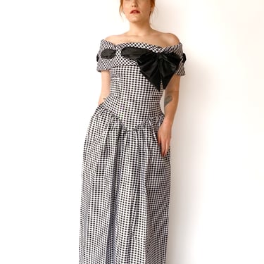 1990s Black and White Gingham Bow Dress, sz. S