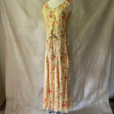 30s Deco Yellow Floral Taffeta Evening Gown Slip Dress with Asymmetrical Ruffles Size M 