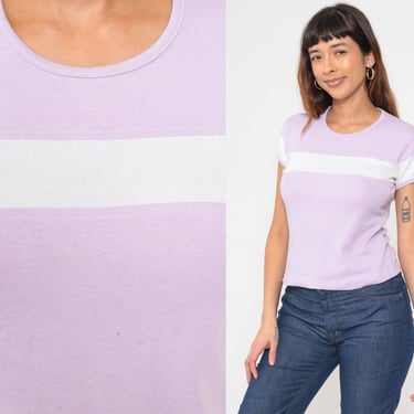 Lavender Baby Tee Shirt -- 80s Striped Retro T Shirt Ringer Tee 1980s Tshirt Pastel Purple Round Neck Cap Sleeve Top Vintage Small 