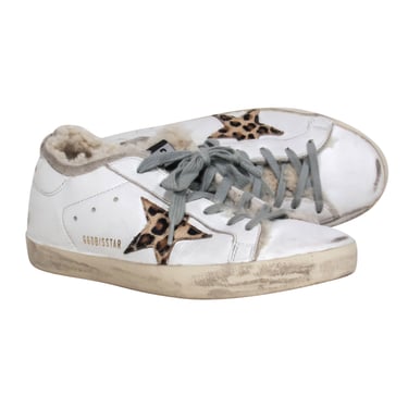 Golden Goose - White &quot;Superstar&quot; Sherpa Lined Lace Up Sneakers w/ Leopard Star Sz 7
