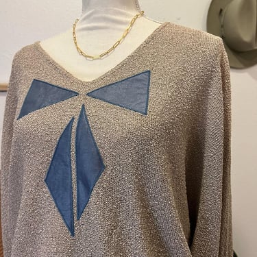 Vintage 90s Orly Oversized Textured Knit Blue Bow Detail Slouchy Sweater USA 