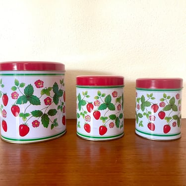 Vintage 1980s Set of 3 Metal Strawberry Canisters 