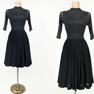 VINTAGE 50s 60s Black Sheer Lace and Chiffon Taffeta Party Dress | 1950s 1960s Full Cocktail Dress | Illusion Sweetheart Neckline | VFG 