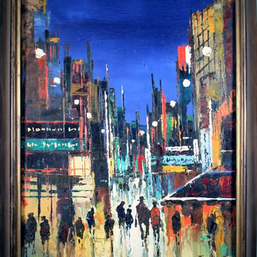 Mid Century Modern Nightscape Oil Painting on Canvas Framed Signed Joan Hwan Cho 