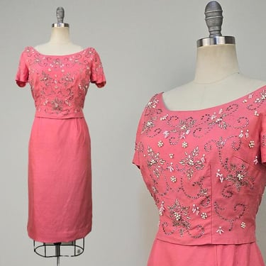 1960s Dress / 1960s Pink Cocktail Dress / 1960s Party Dress / Pink Beaded Dress / Size Small Medium 