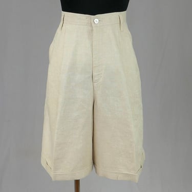 90s Pleated Linen Shorts - 29.5" waist - High Rise Waisted - First Issue - Vintage 1990s - 10" length 