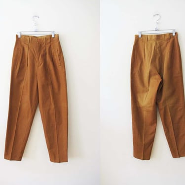 90s Linen Blend Brown Gold Trouser Pants 27 Small - Vintage 90s High Waist Pleated Pants - Preppy Solid Color Tapered Leg Pant 