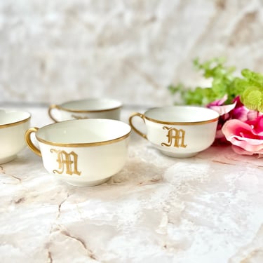 Monogram M Vintage Coffee Cups, Haviland Porcelain China, Set 4, Gold Rim, Mid Century Home 