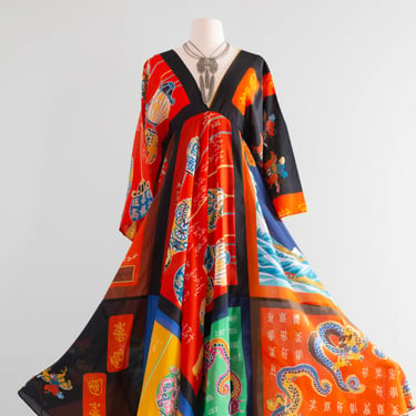Vintage La Vetta Of Beverly Hills 1970's Patchwork Dragon Motif Scarf Dress / Medium