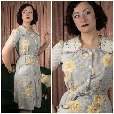 1940s Dress - Charming Late 30s/Early 40s Cotton House or Day Dress in Grey and White Stripes with Bold Yellow Flowers 