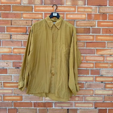 vintage 90s yellow silk button down shirt / XL extra large 