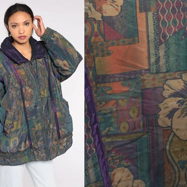 Floral Ski Jacket 90s Iridescent Insulated Coat Boho Lined Jacket Grunge Flower Print Warm Retro Hippie Skiwear Vintage 1990s Extra Large xl 