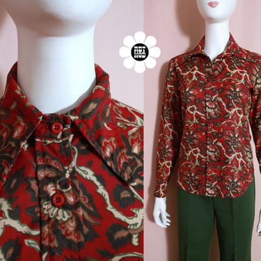 Lovely Vintage 70s Maroon Floral Leaves Patterned Long Sleeve Collared Shirt 