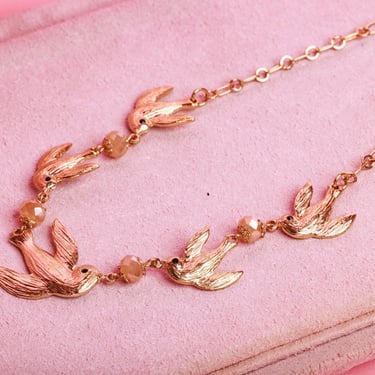 Vintage 90s Bright Gold Tone Swallow Birds Bead Chocker Dainty Necklace 