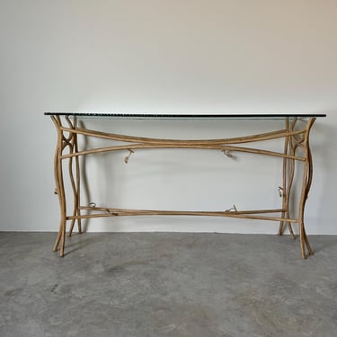 Vintage  Faux - Bois Metal Base And Glass Top  Console Table 