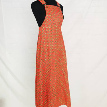 1970s Red Paisley Overall Dress // Size XS Sleeveless Maxi Dress 