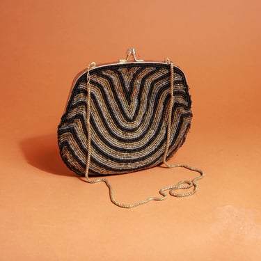 70s Black Silver Gold Evening Beaded Clutch Vintage Shoulder Strap Coin Purse Bag 