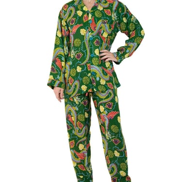 Morphew Collection Green & Yellow Dragon Novelty Print Cold Rayon Bias Draw String Pajamas  Master Medium 
