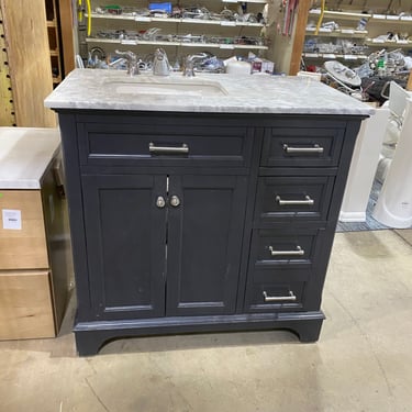 Single Bathroom Vanity with Dark Navy Blue Base and Stone Countertop