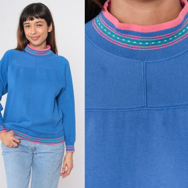 Blue Mock Neck Sweatshirt 90s Pink Ringer Pullover Mockneck Sweatshirt Basic Plain High Collar Solid Long Sleeve Shirt Vintage 1990s Small 
