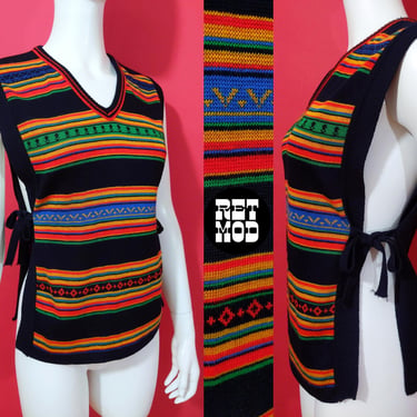 Boho Vintage 70s Colorful Stripe Woven Sweater Poncho Vest 